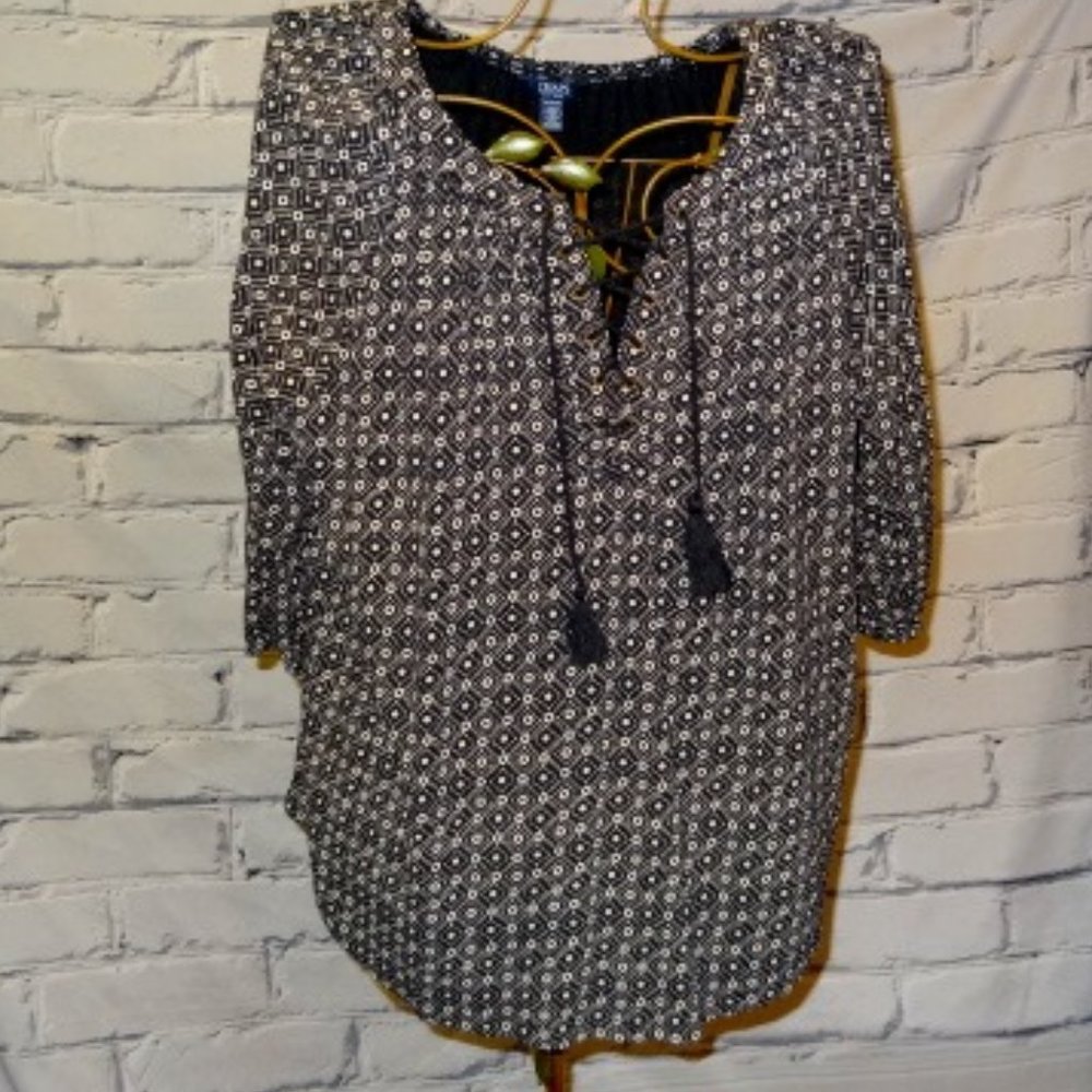 Chaps Black & Tan Print 3 Quarter Sleeve Tunic, Like New - Picture 1 of 6